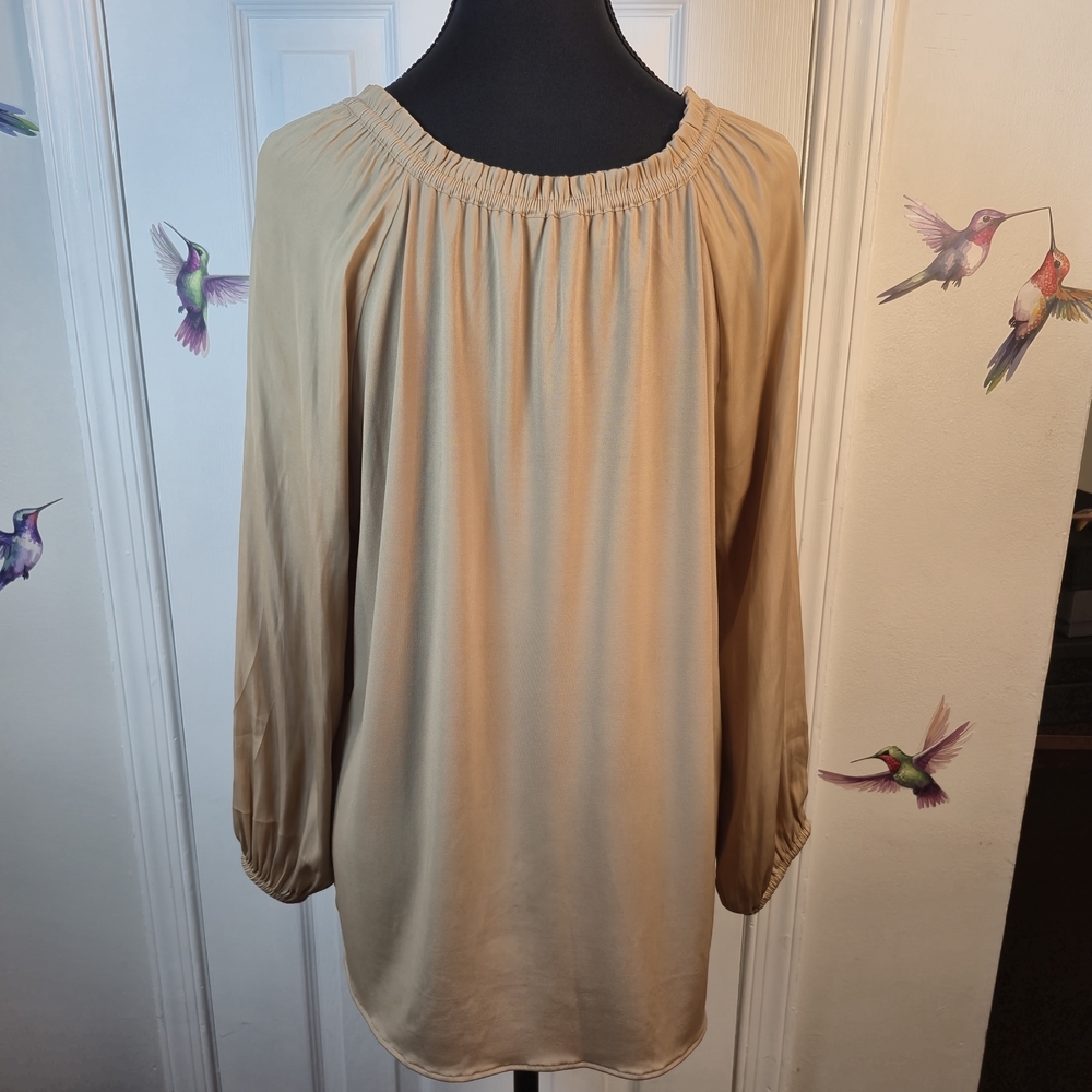 Ann Taylor Champagne Satin Peasant Blouse Boho Tie Neck Bishop Sleeve M - Picture 2 of 6